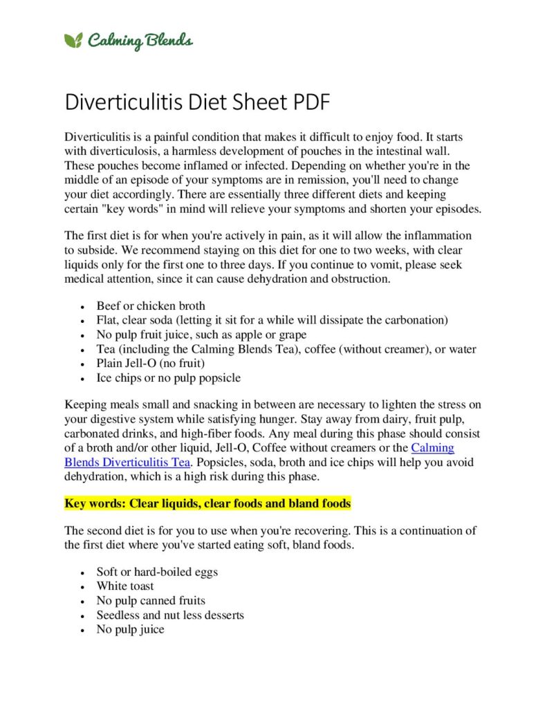 Diverticulitis Diet Sheet PDF Calming Blends