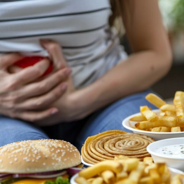 After Consuming Unhealthy Fast Food, Person Suffers from Stomach Heartburn