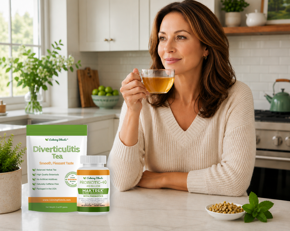 Woman Enjoying a cup of Diverticulitis tea in the kitchen